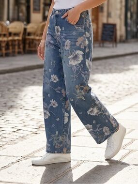 SHEIN CURVE Blue Floral Wide-Leg elastic waist Jeans Pants Plus Size 3X